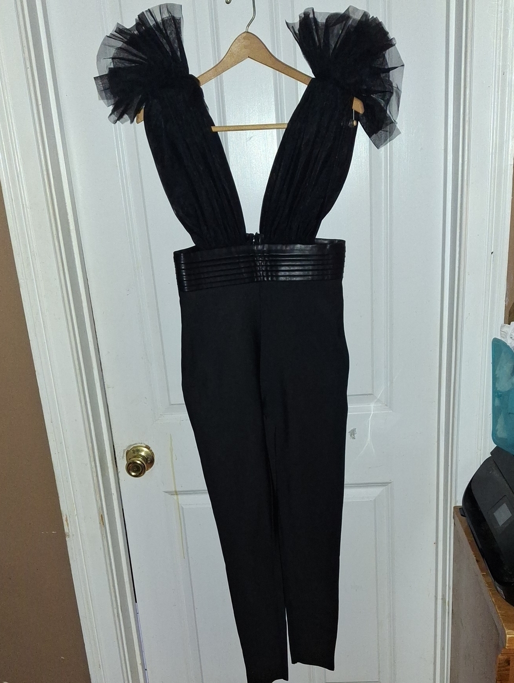 Fashion Nova Black V-Plunge Jumpsuit with Tulle Shoulder Ruffles